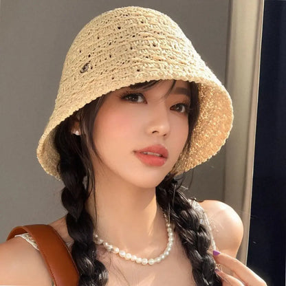 Fashion Summer Straw Sun Hat Wide Brim Hollow Straw Bucket Hat