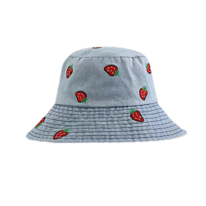 Spring Summer Strawberry Embroidery Denim  Bucket Hat