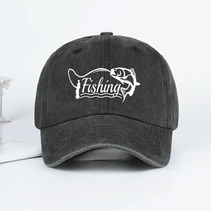 Classic Fishing Quote Print Washed Baseball Cap