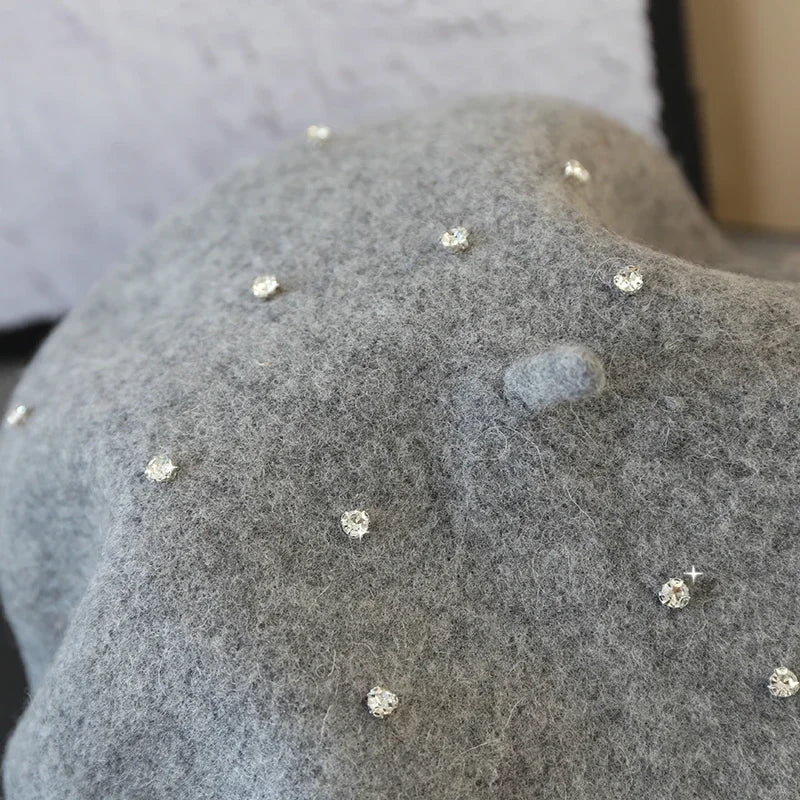 Luxury Rhinestone Wool Thick Berets For Women Autumn Winter Ladies Bling Beret
