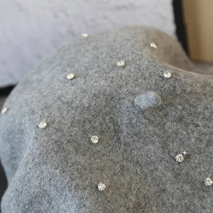 Luxury Rhinestone Wool Thick Berets For Women Autumn Winter Ladies Bling Beret