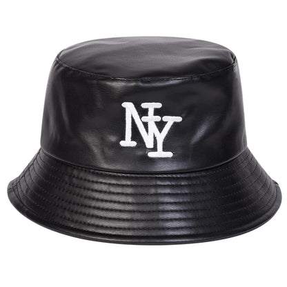 Unisex NY PU Leather Panama Fisherman Hat for Men Women Bucket Hat