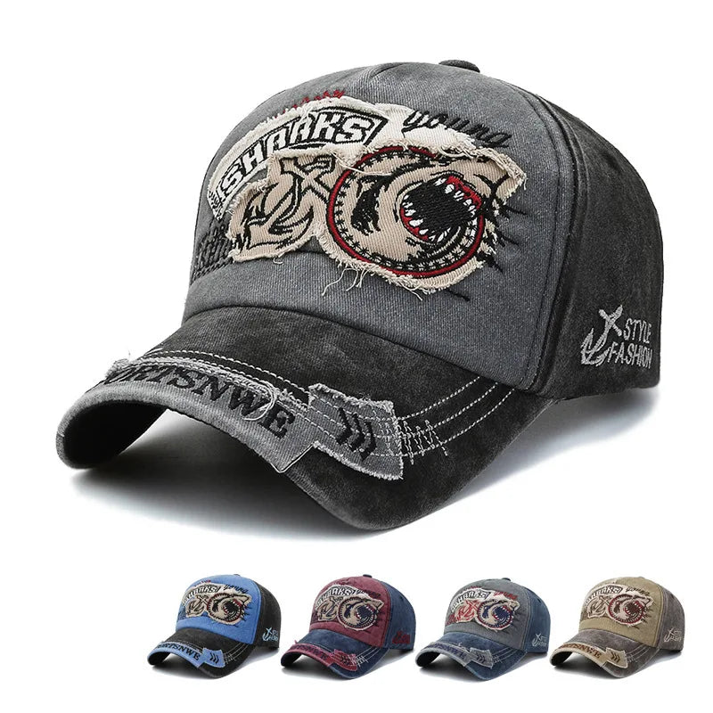 Unisex Washed Cotton Vintage Cap Sharks Embroidery Baseball Cap Men And Women