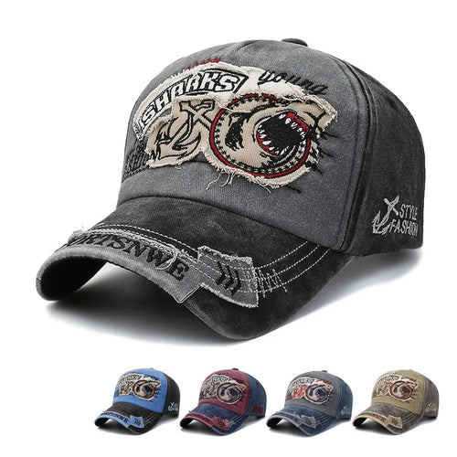 Unisex Washed Cotton Vintage Cap Sharks Embroidery Baseball Cap Men And Women