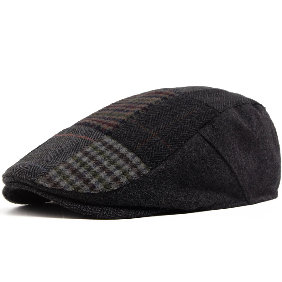 Men Women Patchwork Plaid Beret Vintage Wool Blend Flat Cap