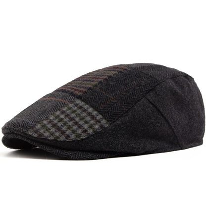 Men Women Patchwork Plaid Beret Vintage Wool Blend Flat Cap