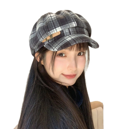 Autumn Octagonal Hats Women Retro Checked Octagonist Painter Hat