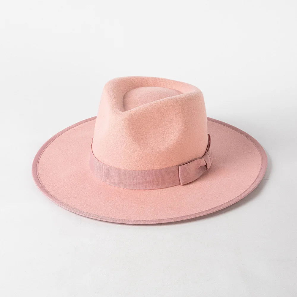New British 100% Wool Fedoras Hat Women Retro Jazz Top Bow Felt Hat Men
