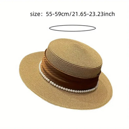 2025 Summer Elegant Pearl Chain Flat Sun Hats