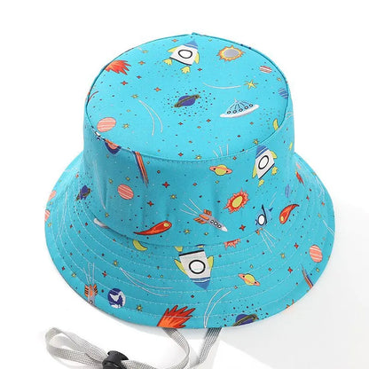 Kids Summer Sun Protection Cap Spaceship Planet Print Bucket Hat