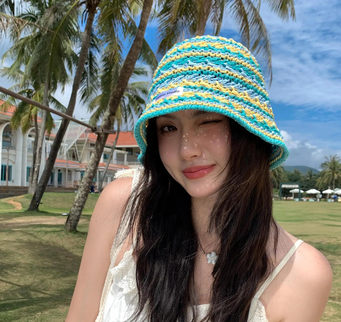 Ladies' Bucket Hat Korean Knitted Striped Verstaile Hollow