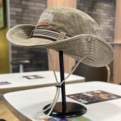 Summer Men Bucket Hat Outdoor WQashed Cotton Wide Brim Panama Safari Hunting Hiking Hat