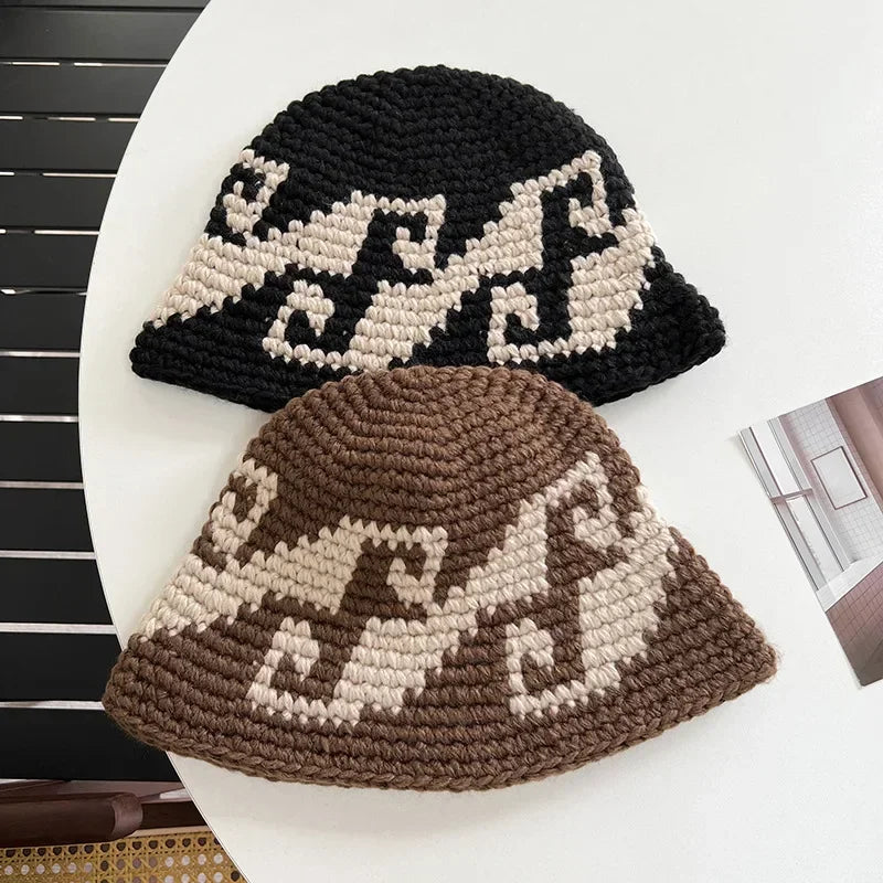 Korean Autumn Winter Retro Crochet Knitted Wool Bucket Hat Women