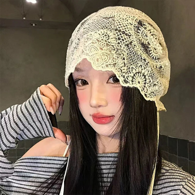 New Drawstring White Hollow Out Flower Bonnet Spring Women's Knitted