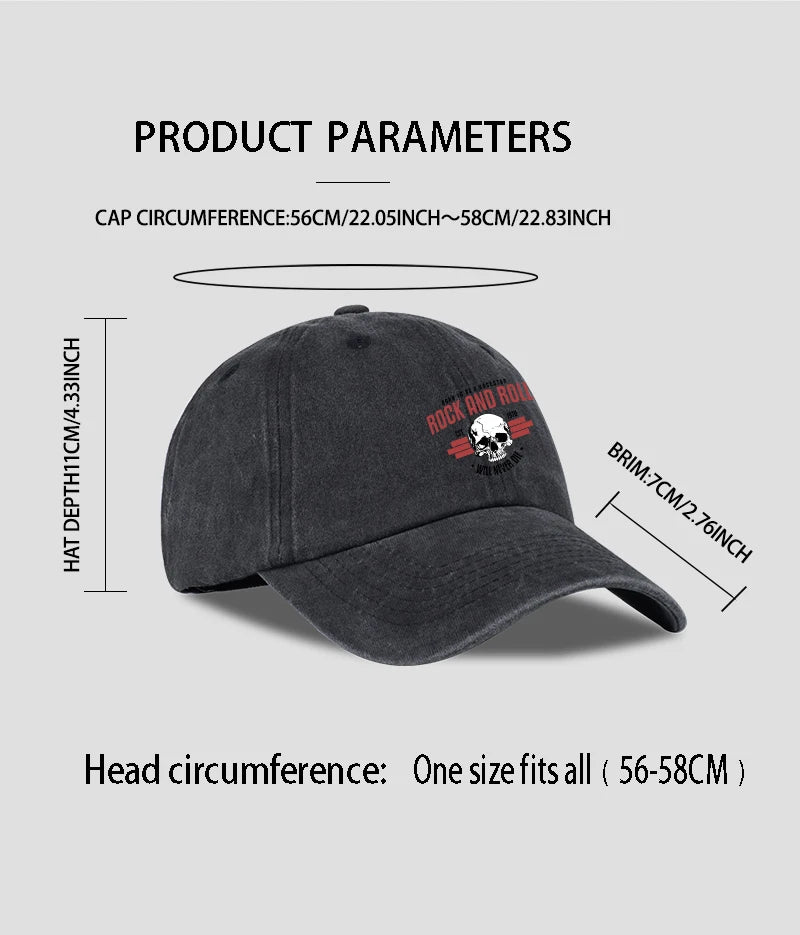 Rock Skull Print Washed Baseball Cap Soft Comfortable Lightweight Breathable Adjustable Style