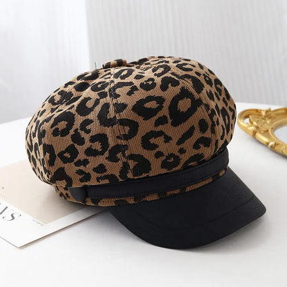 Retro Leopard Print Wide Brim Beret Vintage Painter Cap Hats