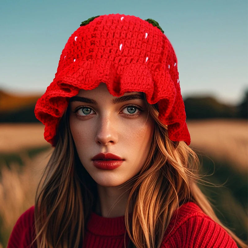 Snow Cap Men Women Strawberry Crochet Hat Handmade Floral Portable Knitted