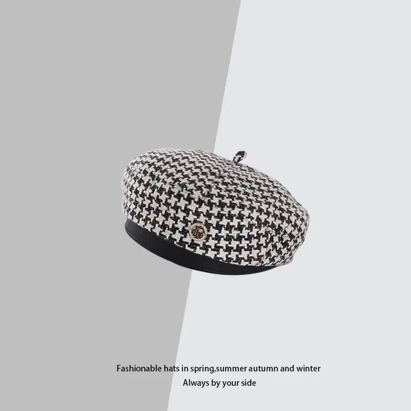 New Fashion All-Match Houndstooth Female British Retro Octagonal Hat