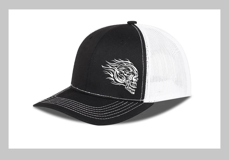 Flame Skull Print Trucker Cap Breathable Mesh Adjustable Cool & Bold Rocker Style Fashion Unisex Outdoor