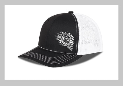 Flame Skull Print Trucker Cap Breathable Mesh Adjustable Cool & Bold Rocker Style Fashion Unisex Outdoor