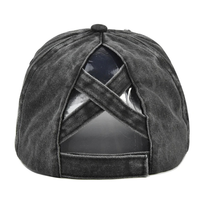 Vintage Washed Distressed Baseball Cap, Criss Cross Ponytail Hat