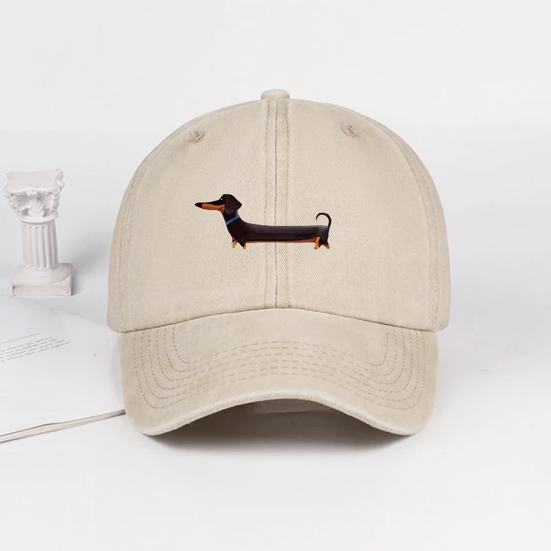 Dachshund Print Washed Baseball Cap Adorable Retro Dog Themed Style Perfect For Outdoor Walks