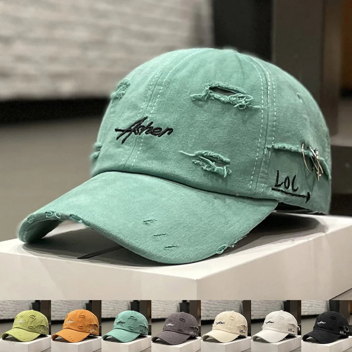 Unisex Asher Embroidery Broken Hole Iron Ring Baseball Caps