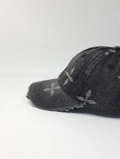 Cross Denim Baseball Cap With Jacquard Fringe, Vintage Distressed, Cropped Edge Cap