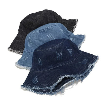 Denim Hole Burrs Flat Top Collapsible Fisherman Hat