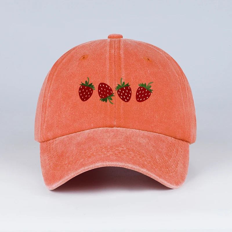 Strawberry Print Washed Baseball Cap Lightweight Breathable Adjustable Unisex Summer Casual Hat Sun Hat