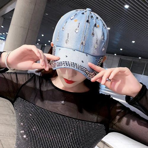 Denim Baseball Cap Women Rhinestone Droplets Cowboy Snapback