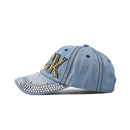Baseball Cap Denim Luck Rhinestone Men Adjustable Hat