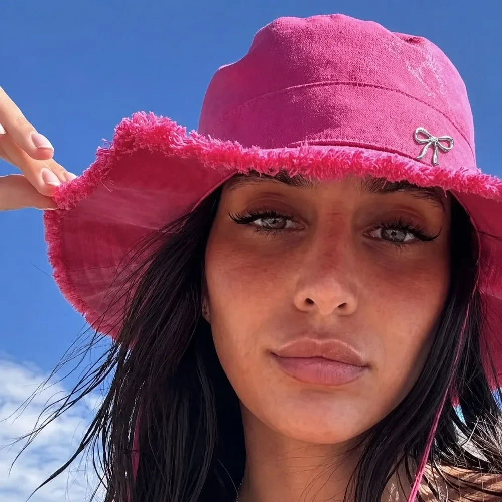 Women's Adjustable Strap Chin Drawstring Bow Distressed Edge Windproof Bucket Hat