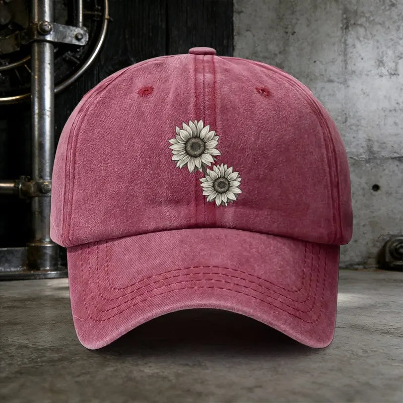 Sunflower Print Washed Baseball Cap Distressed Cotton Vintage
