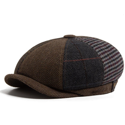 Vintage Newsboy Cap Men Herringbone Plaid Patchwork Pattern Women Beret