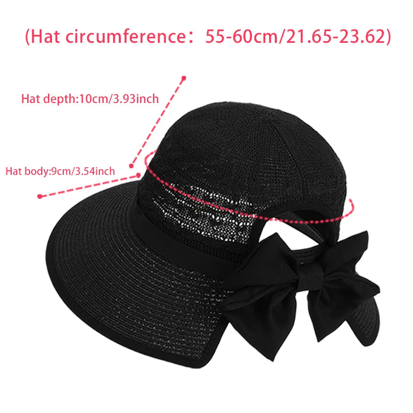 Girls' Versatile Bow-Tied Ponytail Hole Large Eaves Straw Hat