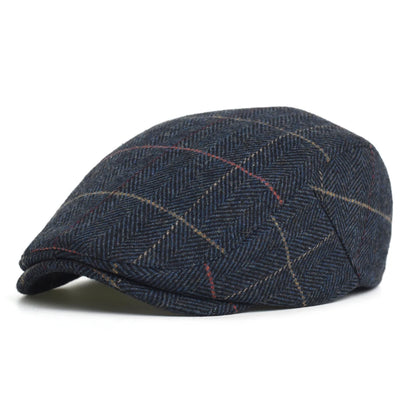 Newsboy Cap Men Winter Thick Warm Vintage Herringbone Casual Stripe Berets Flat Hat
