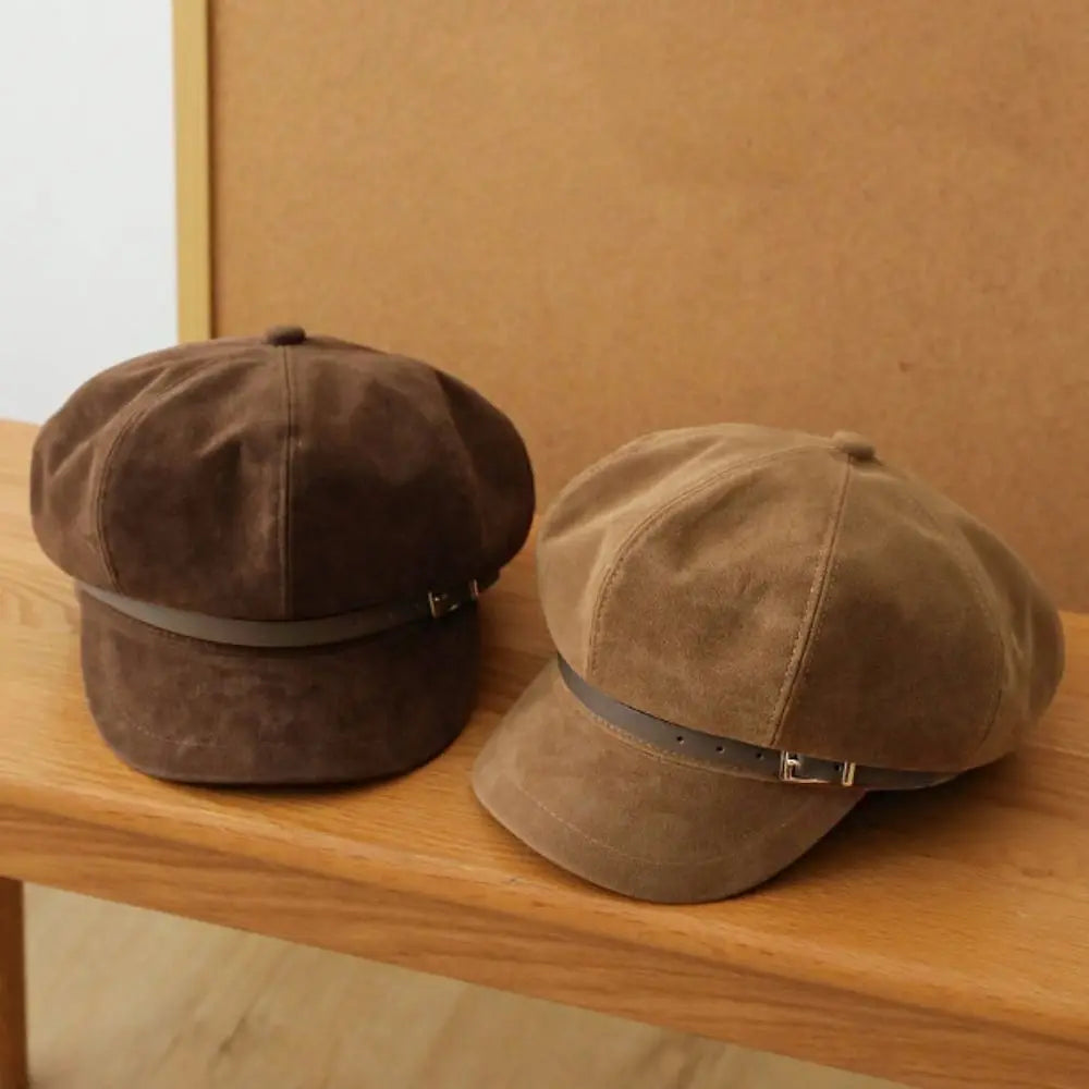 Personality British Style Pu Leather Beret Belt Buckle Brown Suede Octagonal Hat