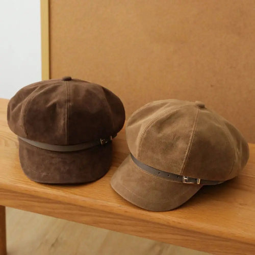 Personality British Style Pu Leather Beret Belt Buckle Brown Suede Octagonal Hat
