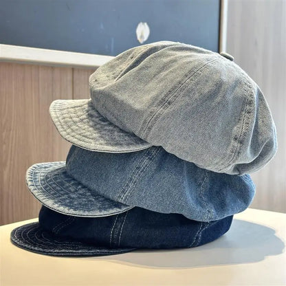 Lady Washed Old Blue Denim Large Beret Spring Autumn