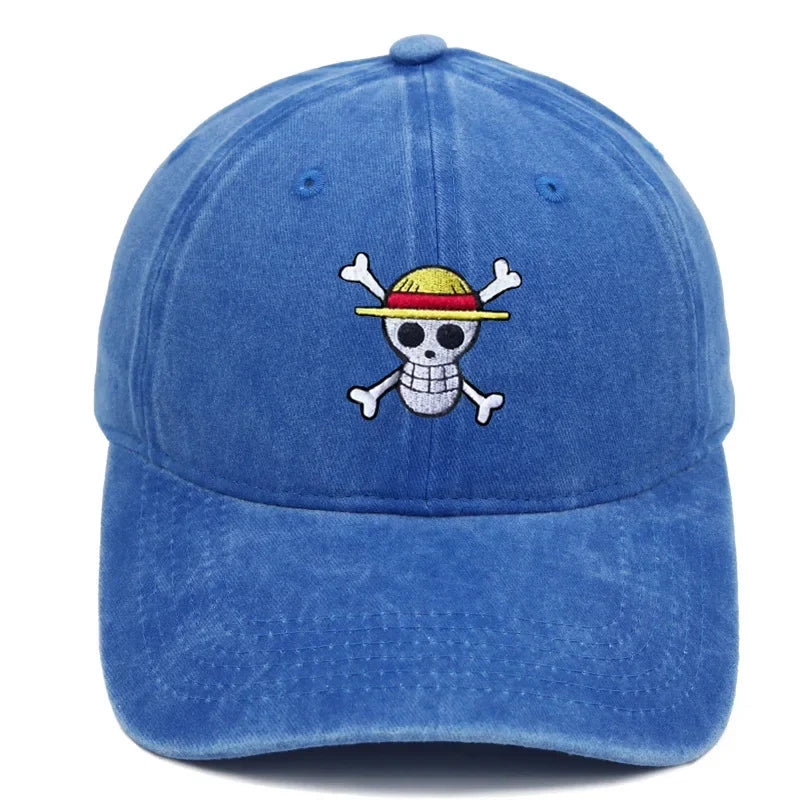 Anime Washed Denim Hats Cosplay Adult Unisex Cap Cartoon Embroidery Luffy Peripheral Fashion  Beanie Hat