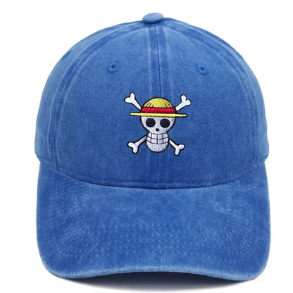 Anime Washed Denim Hats Cosplay Adult Unisex Cap Cartoon Embroidery Luffy Peripheral Fashion  Beanie Hat