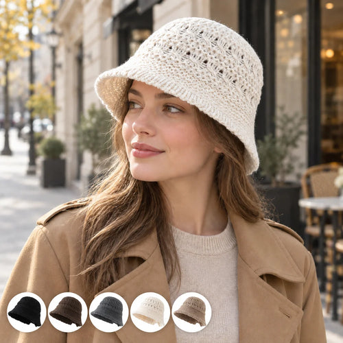 Women Openwork Knitted Bucket Hat Soft Asymmetric Brim Cap