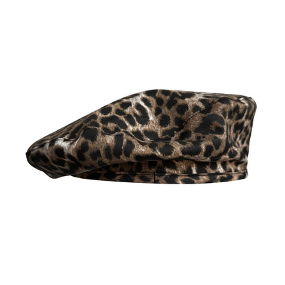 Women Leopard Print Beret Flying Saucer Hat Autumn Winter Warm Knit Artist Caps