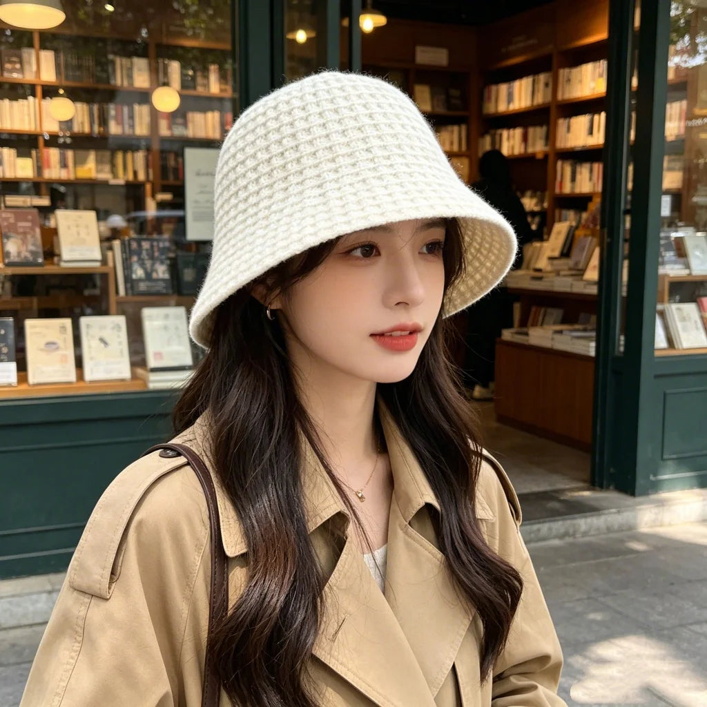 Waffle Knit Bucket Hat Vintage Versatile Fisherman Hat