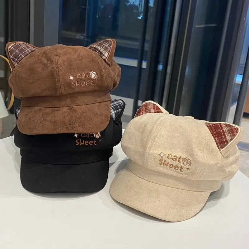 Kawaii Cat Ear Newsboy Cap Faux Suede Women Baker Boy Cap Letter Embroidery Autumn Snap Brim Y2k Hat