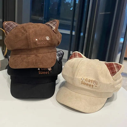 Kawaii Cat Ear Newsboy Cap Faux Suede Women Baker Boy Cap Letter Embroidery Autumn Snap Brim Y2k Hat