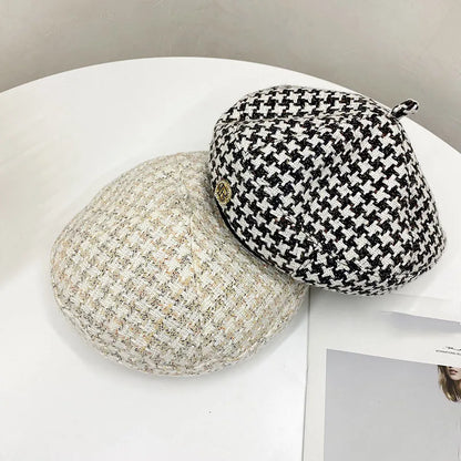 New Fashion All-Match Houndstooth Female British Retro Octagonal Hat