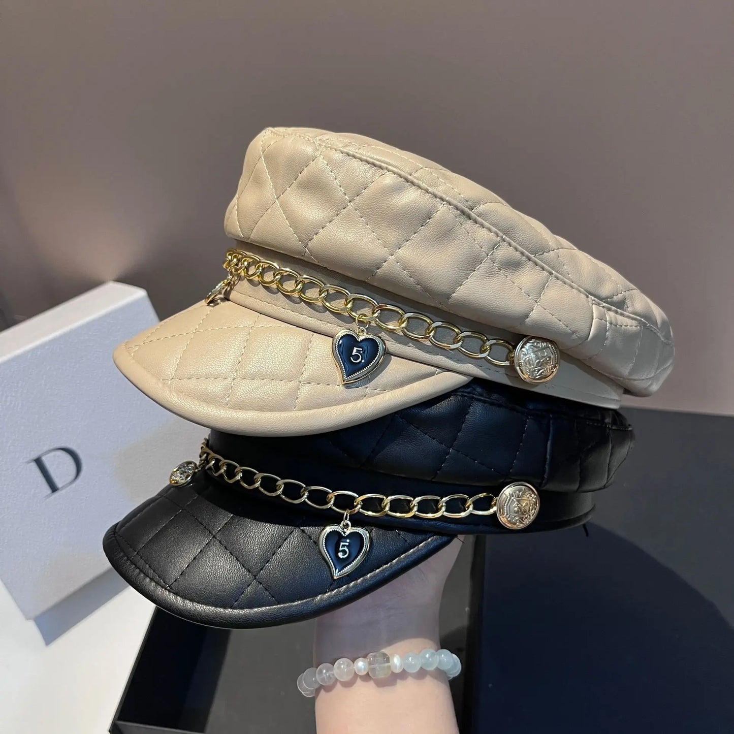 Europe And The United States Simple Light Luxury Plaid Leather Navy Hat