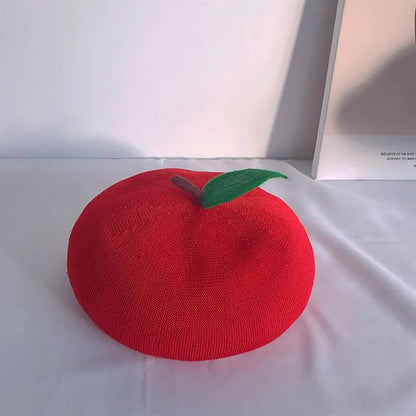 Adult Red Apple Spring Autumn Breathable Knit Beret Fruit Painter Hat Female